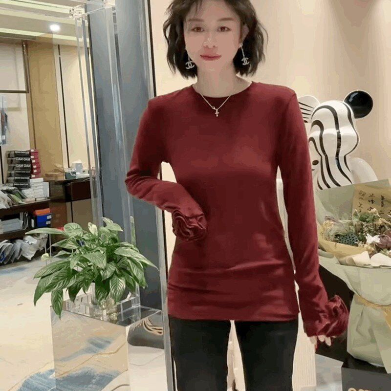 欧货长袖内搭中长款T恤女修身打底衫洋气打底衫法式圆领黑色上衣