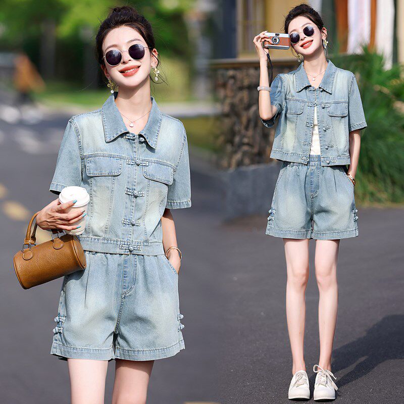 新中式国风牛仔套装女薄款2025夏季新款小个子盘扣阔腿短裤两件套