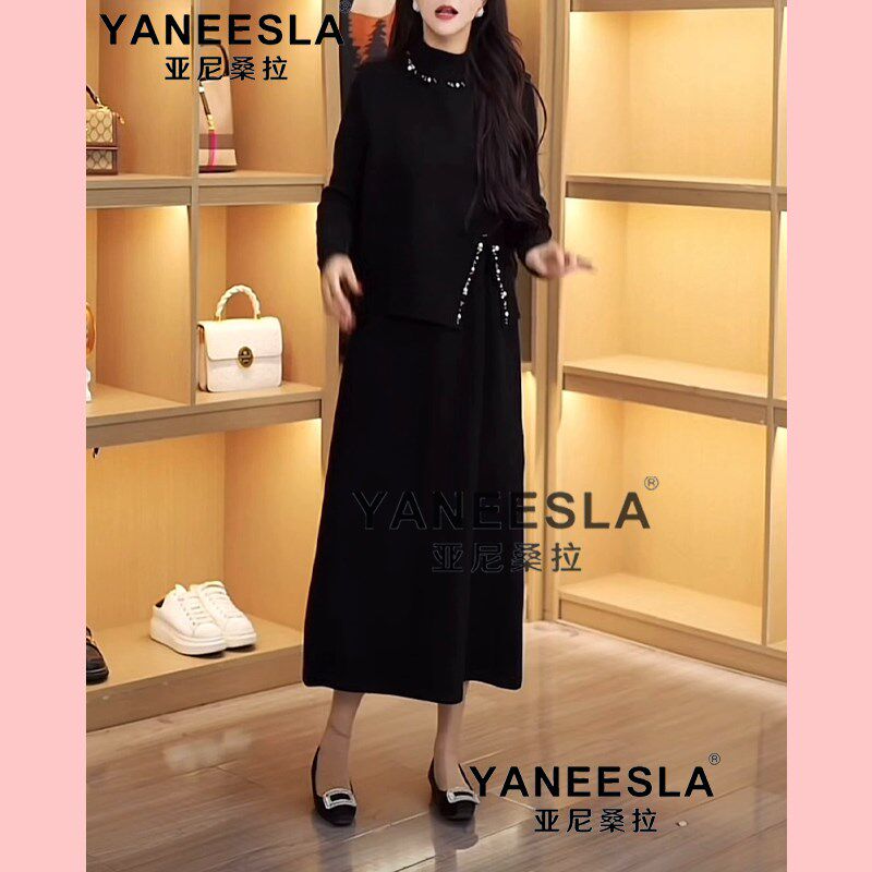 2024秋冬新款中长款毛衣裙连帽马甲两件套针织连衣裙女套装裙