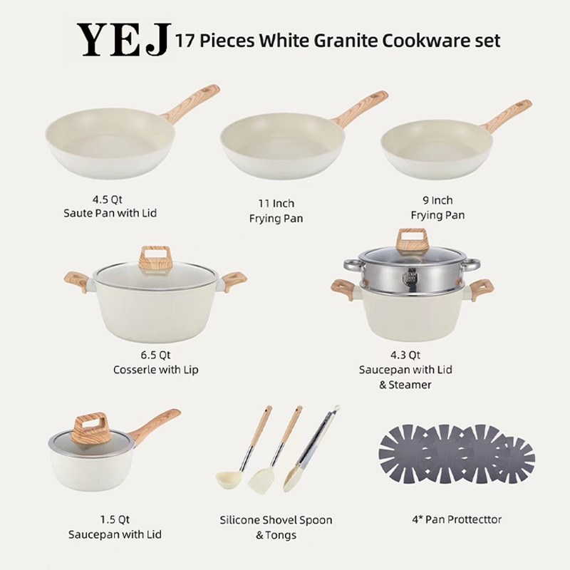 外贸Set phot花岗岩麦饭石12件套白色不粘锅套装锅煎炒锅汤锅