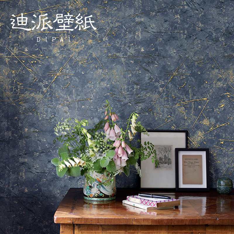 法式复古蓝色灰色斑驳烫金无纺布素色墙纸客厅卧室背景壁纸高级感