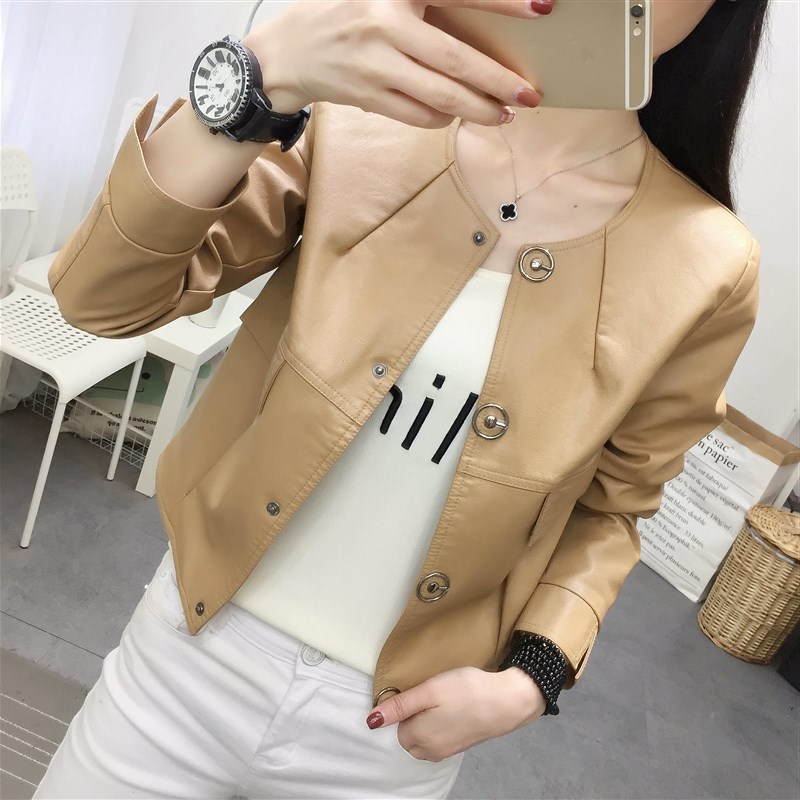 修身显瘦圆领女士皮夹克春秋外套2024新款韩版皮衣女短款PU皮女装