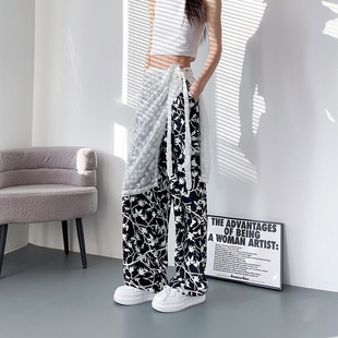 宽松胖mm碎花防晒休闲垂感直筒沙滩裤 夏季 子 女2024新款 冰丝阔腿裤