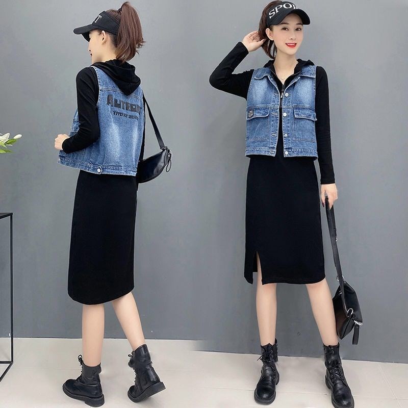 长袖牛仔马甲卫衣连衣裙女套装2024春秋季新款显瘦休闲裙子两件套
