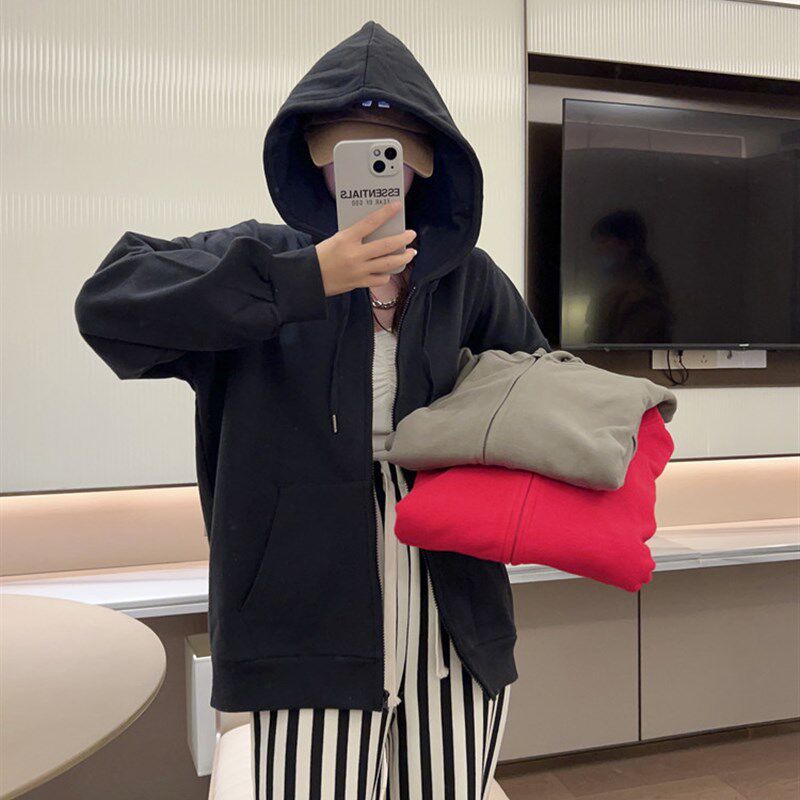 秋冬女款纯棉加绒毛圈卫衣中国红纯色连帽拉链开衫休闲外套宽松款