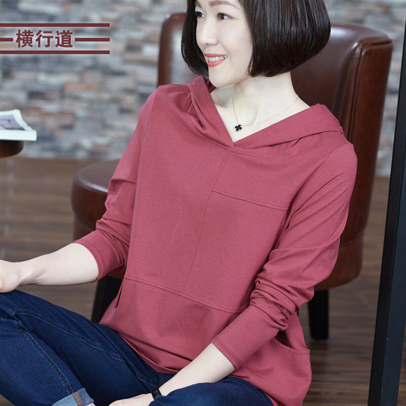 春季女新款连帽宽松口袋长袖帽衫上衣纯色打底衫t恤2025春装体恤