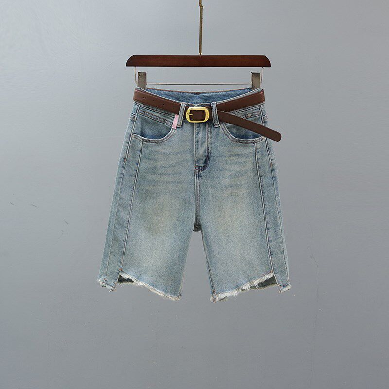 2025夏季新款高腰直筒牛仔短裤女欧货复古毛边显瘦修身窄版五分裤