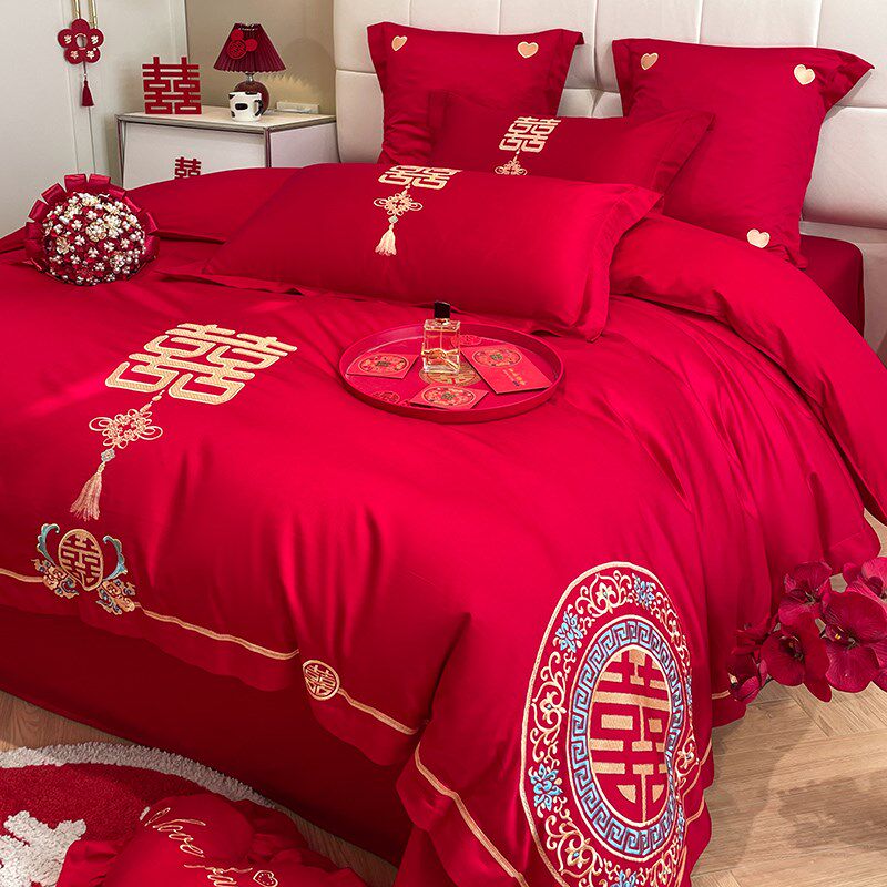 结婚婚庆高级感四件套大红色新婚被套床单婚嫁送新V人婚床床上用