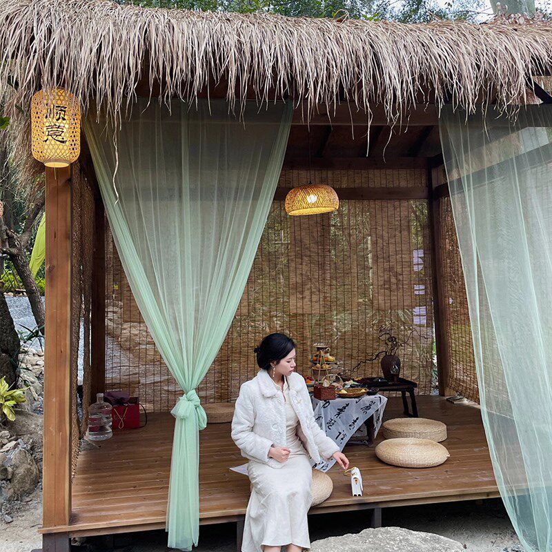 网红小院茅草房木屋门帘窗帘装饰茶室纱幔屋P顶亭子牛油果绿纱幔 - 实物图