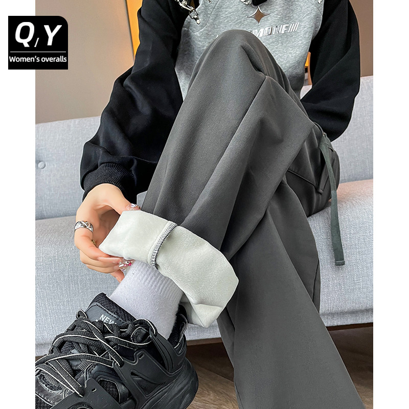 加绒工装裤女秋冬2024新款高腰休闲登山裤宽松束脚加厚阔腿运动裤