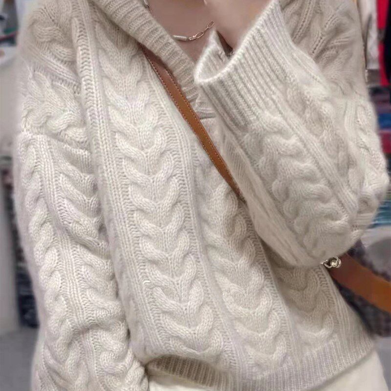 秋冬长袖女装羊绒衫宽松慵懒风针织卫衣连帽羊毛衫加厚毛衣外套潮