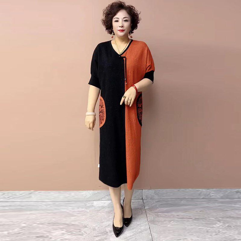 妈妈针织连衣裙短袖V领撞色复古民族风重工提花宽松显瘦中长裙子