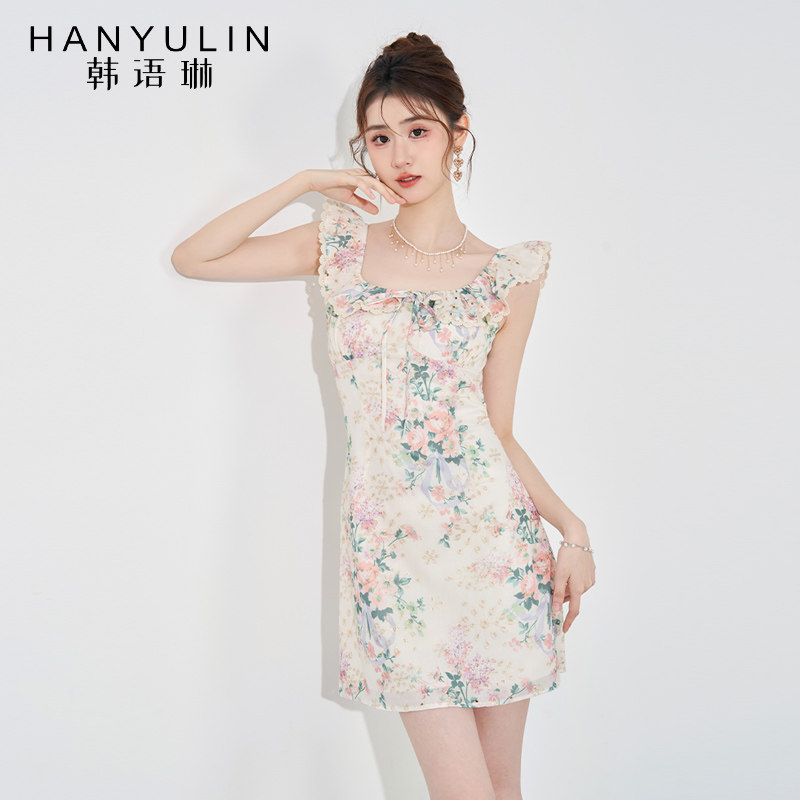 小众设计连衣裙2024新款女夏季法式气质收腰显瘦短款无袖印花裙子