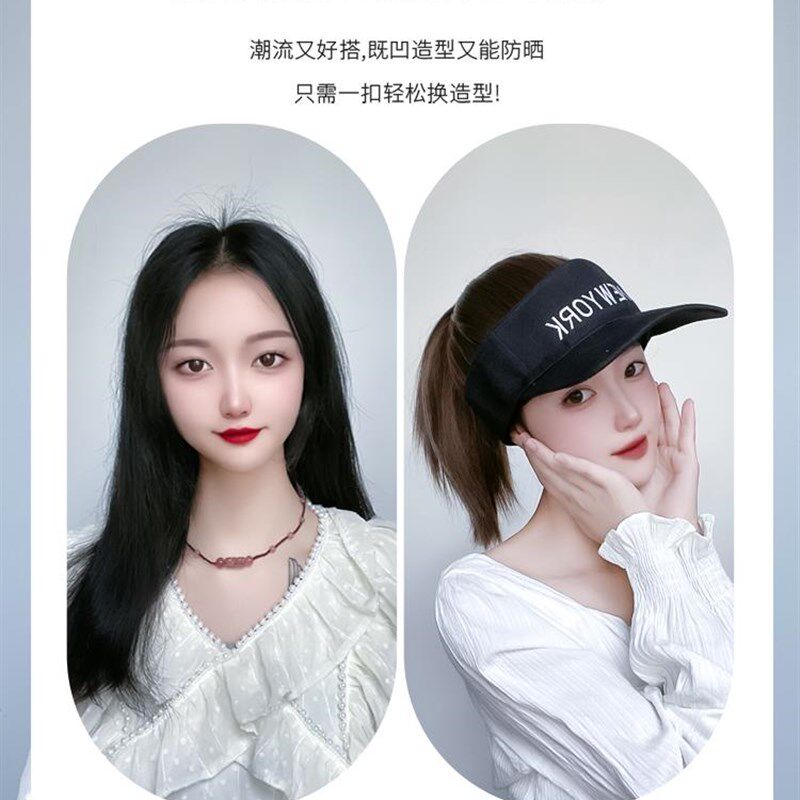 。女款马尾假发帽子带头发一体夏天戴的短发遮阳帽2023新款时尚连