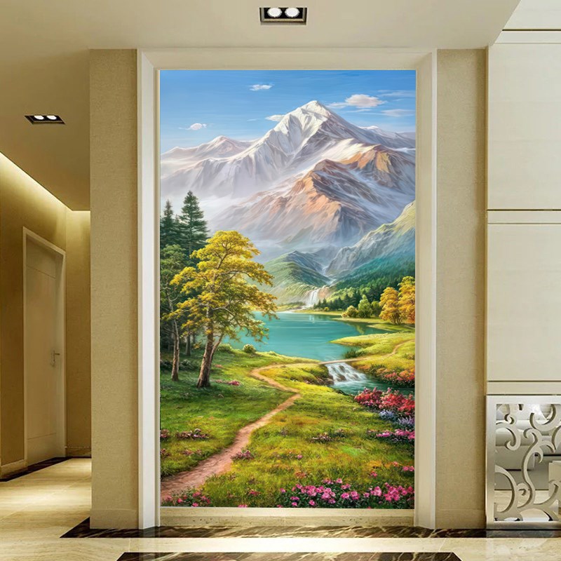 美式油画风景玄关装饰壁画墙纸复式楼背景墙壁纸走廊过道竖版墙布