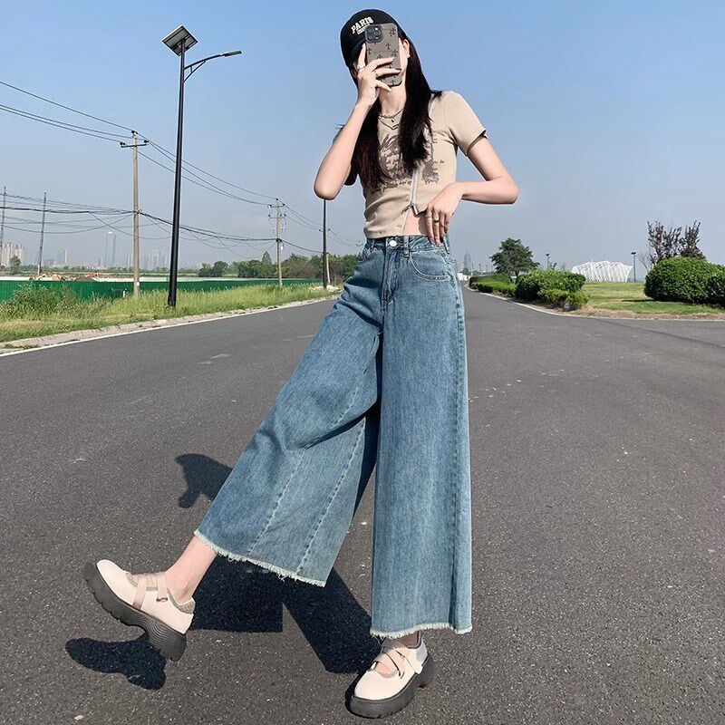 2024夏季薄款九分牛仔女阔腿高腰显瘦宽松垂感毛边直筒裤拖地裤