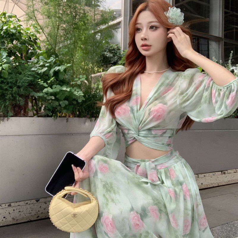 纯欲气质印花长袖扭结上衣a字高腰修身显瘦半身长裙时尚别致套装