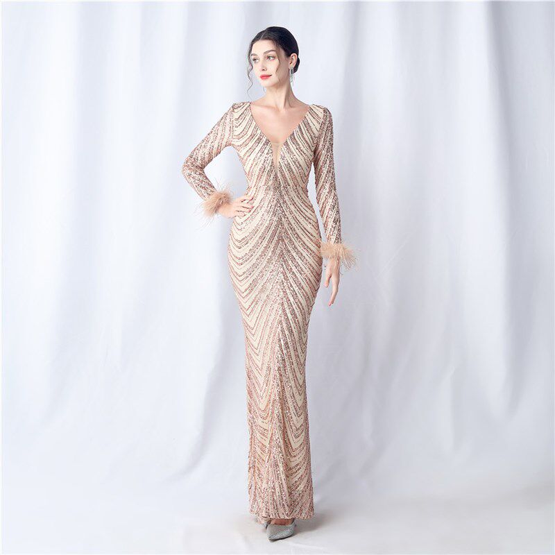 高端晚礼服女法式轻奢小众高贵高级感深V显瘦长袖长款鱼尾连衣裙