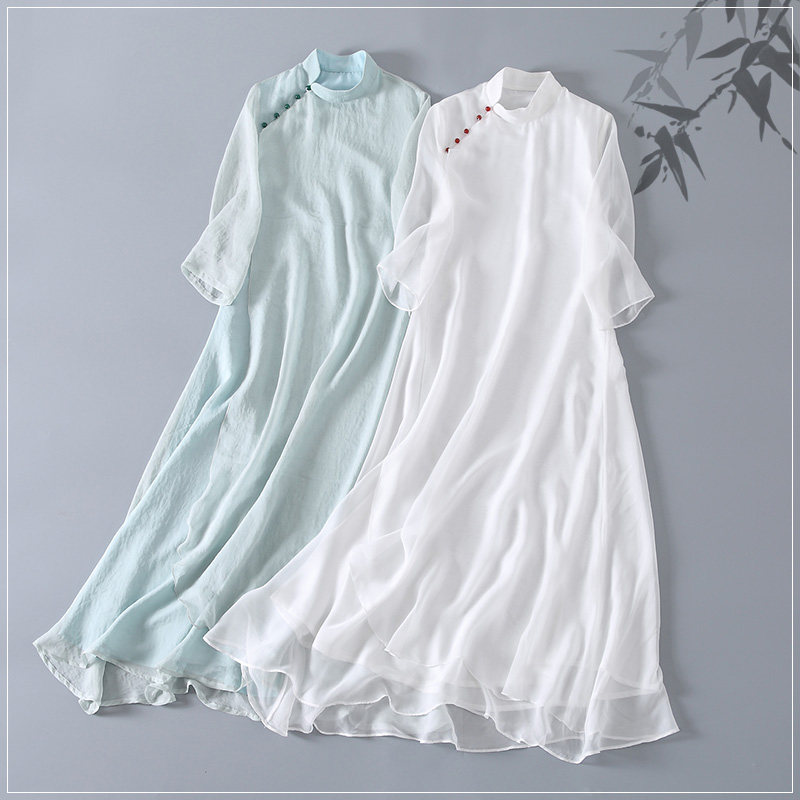 新款中国风宽松复古文艺茶人服女禅意长款连衣裙纯色中式改良旗袍