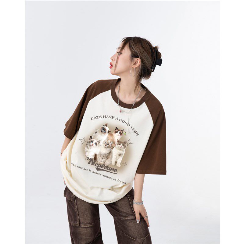 美式复古猫咪印花插肩袖短袖t恤女夏季设计感纯棉宽松半袖上衣潮