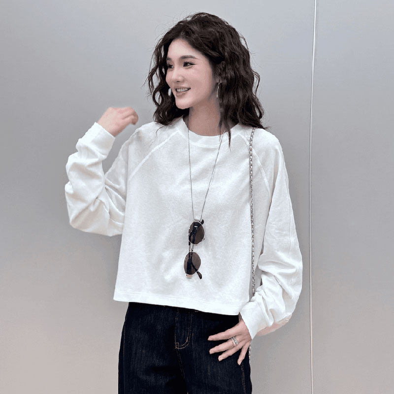 时尚韩版白色圆领套头卫衣T恤女2025早秋新款别致宽松慵懒风上衣
