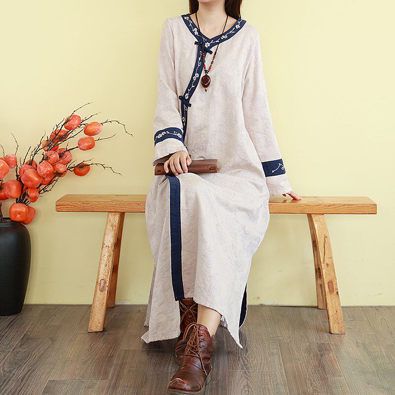 复古民族风亚麻提花刺绣连衣裙女V领秋季改良旗袍裙长款宽松裙子