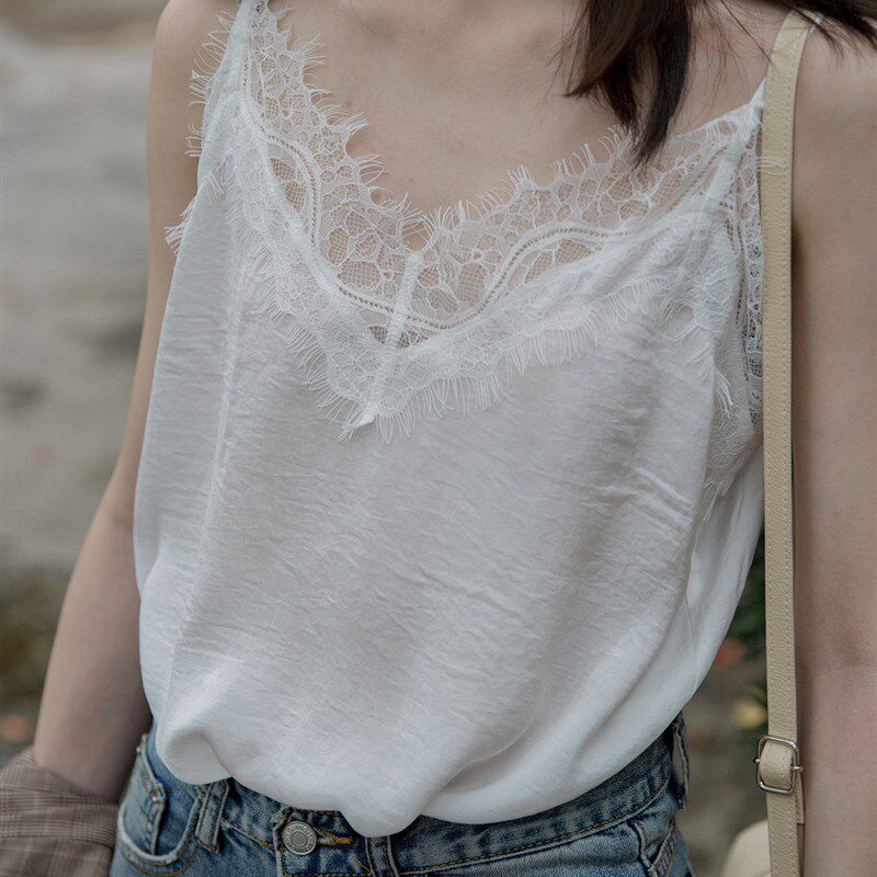 白色蕾丝吊带缎面宽松丝绸雪纺纺真丝打底单穿小背心无袖小衫