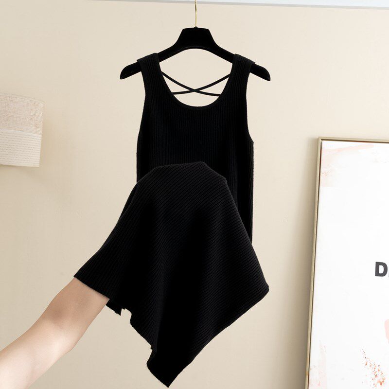 圆领针织连衣裙女2025秋冬新款中长款无袖吊带背心内搭开叉打底裙