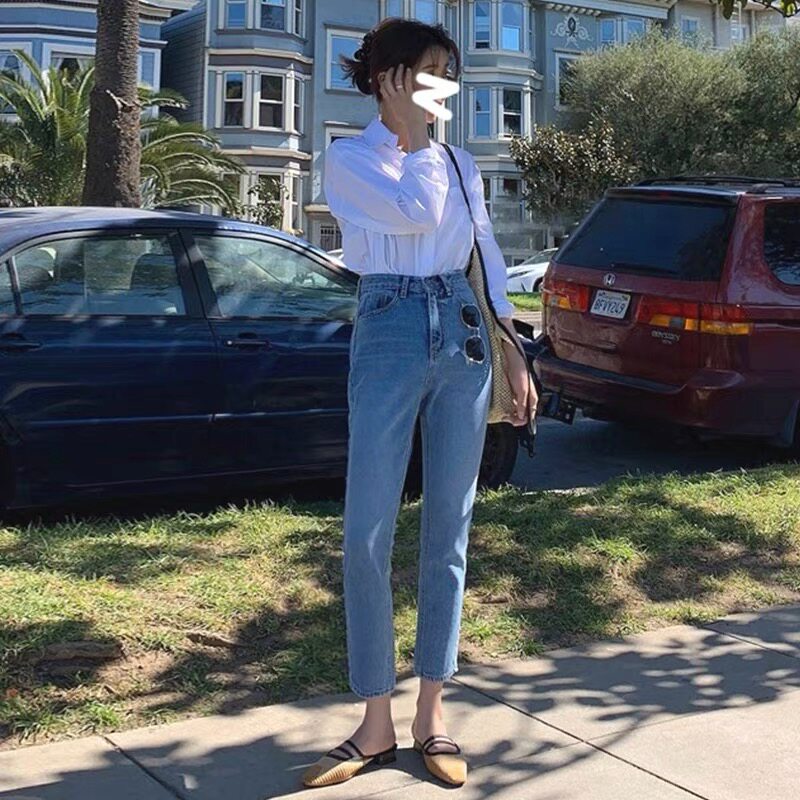 高腰直筒牛仔裤女2022春季新款浅蓝色宽松显瘦九分烟管八分小个子