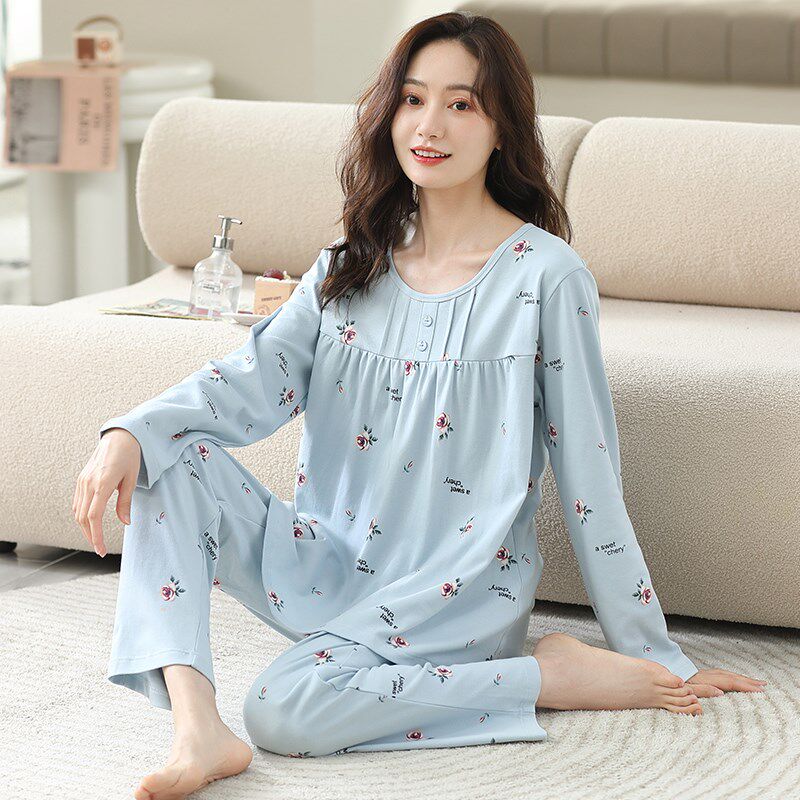 睡衣女春秋款纯棉长袖秋季全棉薄款中年妈妈套头加大码家居服套装