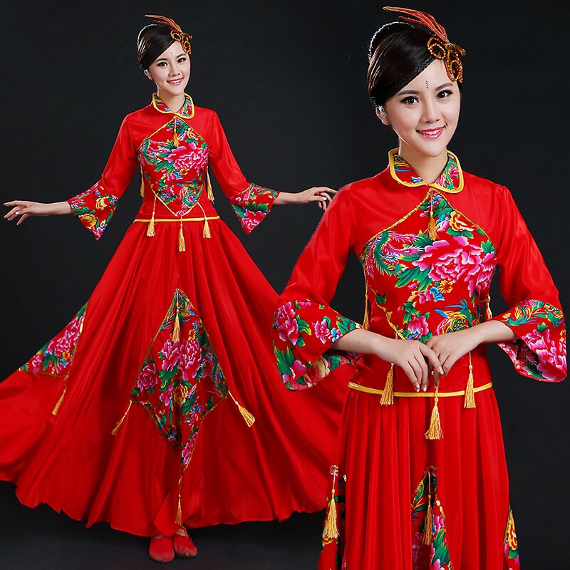 中国风大合唱长裙舞蹈服装秧歌服春季民族风开场舞大摆裙2022新款