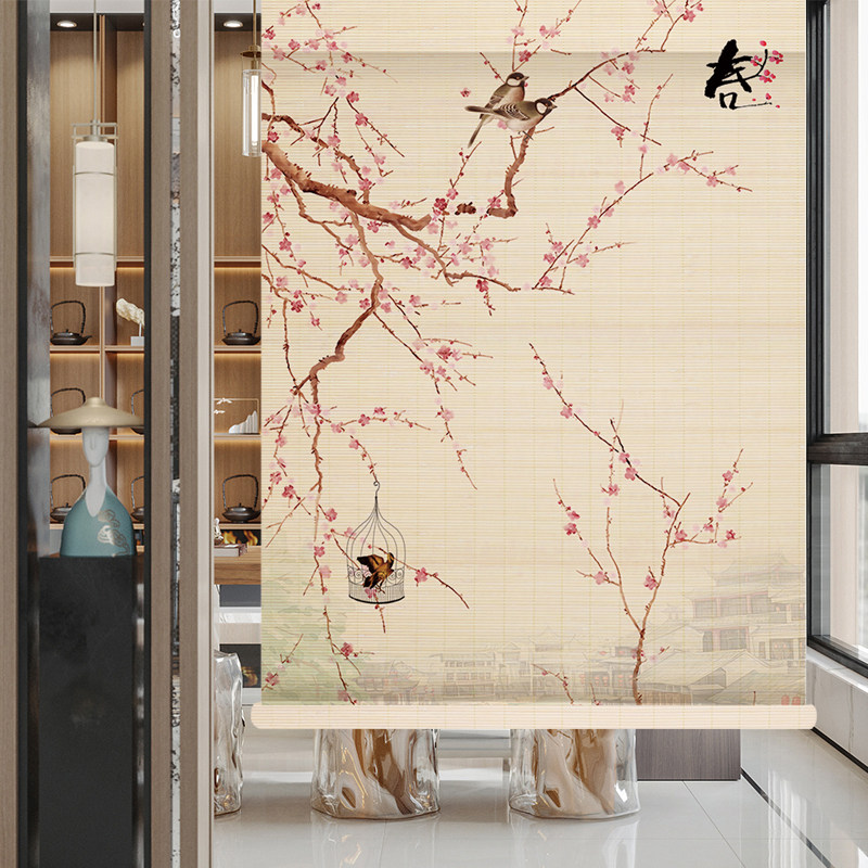 中式百叶窗帘印花竹帘q卷帘免打孔家用竹子图案门帘中国风花鸟隔