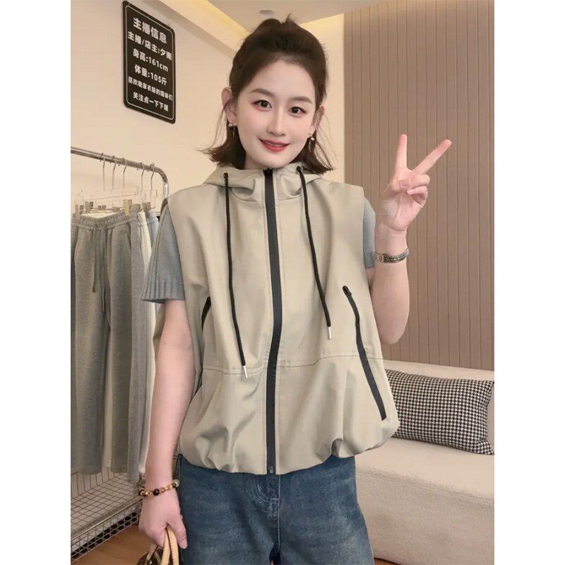连帽宽松显瘦冲锋衣马甲外套女2025春秋季休闲百搭坎肩马夹上衣潮
