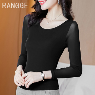 高级感网纱上衣紧身弹力瑜伽舞蹈服圆领T恤长袖秋冬女加绒打底衫