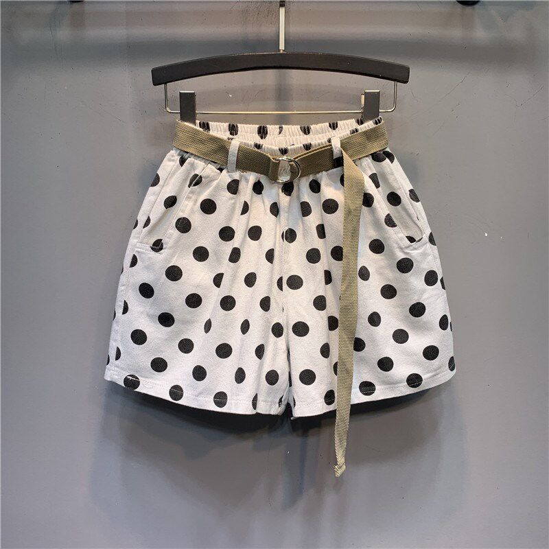 韩版2024年波点松紧腰小个子棉弹阔腿水洗牛仔短裤宽松休闲热裤女