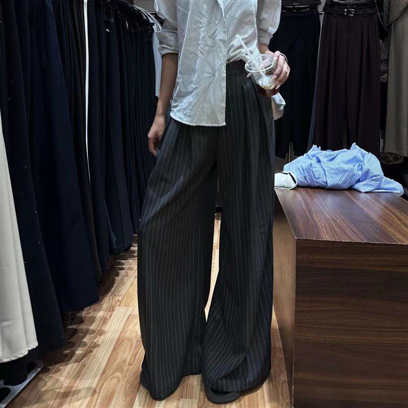 复古条纹阔腿裤女秋冬季新款高腰宽松韩版直筒垂感慵懒风拖地长裤