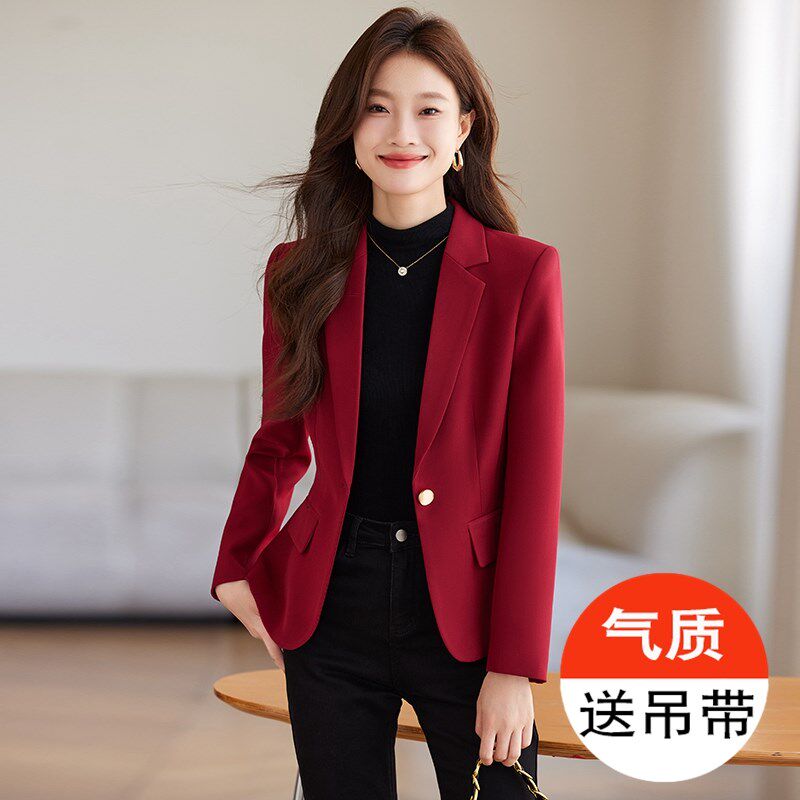 酒红色西装外套女2024新款春秋季高级感气质上衣休闲通勤长袖西服