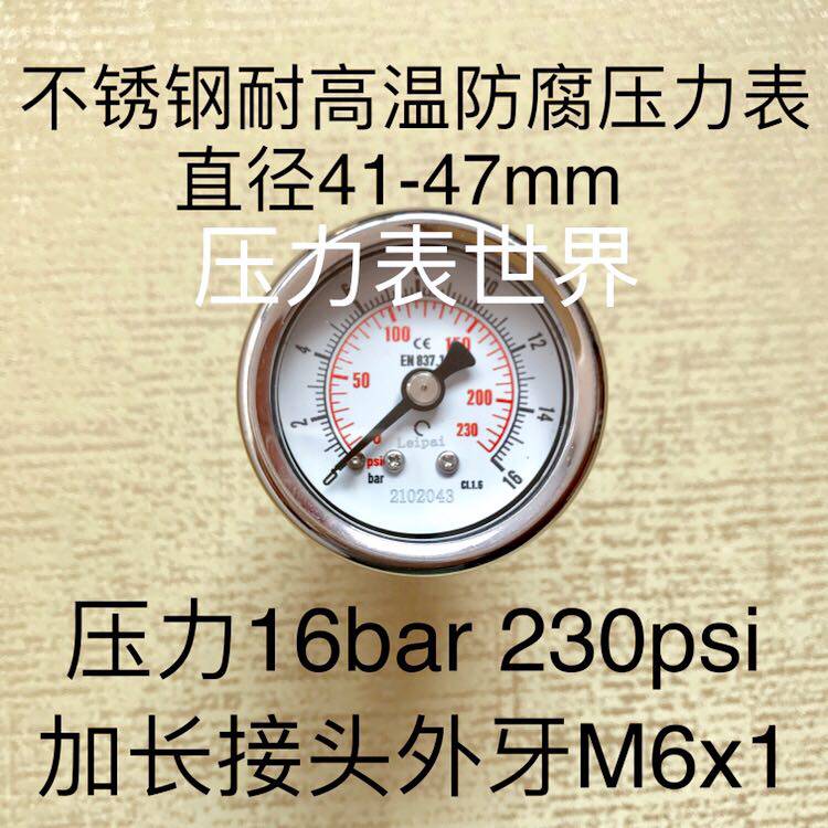16bar 230psi 4cm不锈钢防腐耐蚀耐高温压力表 轴向背接 螺纹M6x1