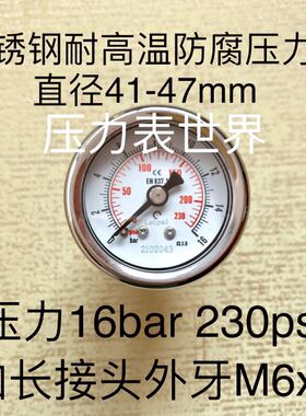 16bar 230psi 4cm不锈钢防腐耐蚀耐高温压力表 轴向背接 螺纹M6x1