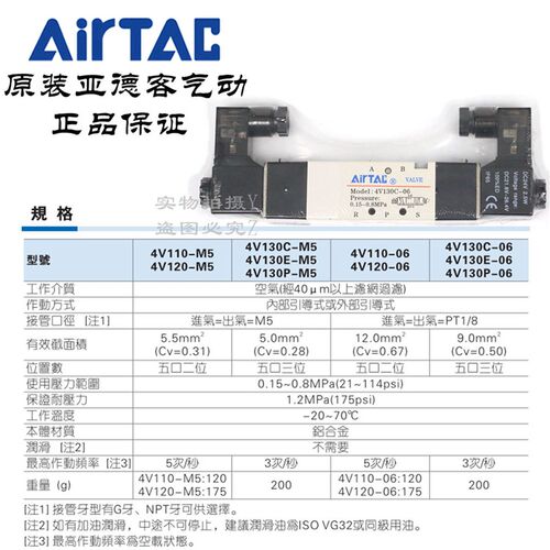 AirTAC原装亚德客 中封闭电磁阀 4V130C-06-A/B/C/E/F-I-W DC24V