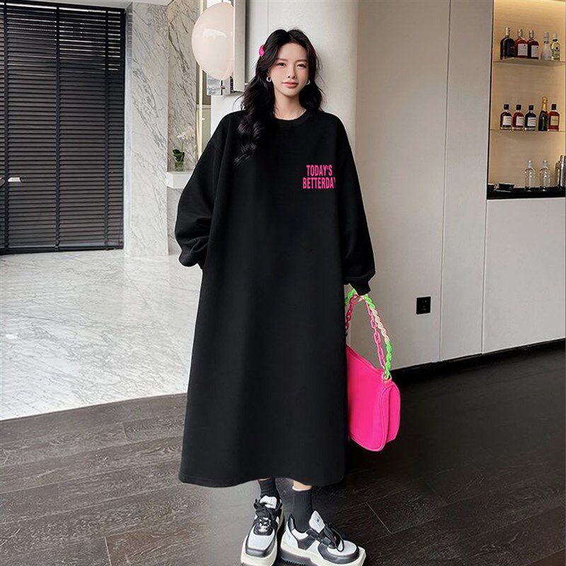 胖mm连衣裙女拼接裙摆大码女装新款韩版2024显瘦T恤裙长袖卫衣裙
