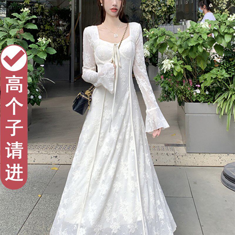 然然高个子白色初春加长版茶歇法式气质复古连衣裙长款高级感175