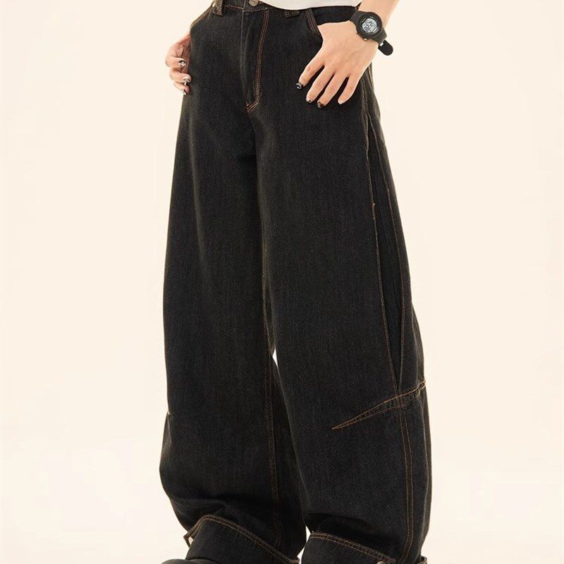 美式复古黑色阔腿牛仔裤男女高街潮牌bf慵懒风宽松直筒拖地裤子