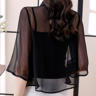 2024新款 薄款 夏季 外搭雪纺防晒衣女款 凉感防晒服小披肩 黑色小开衫