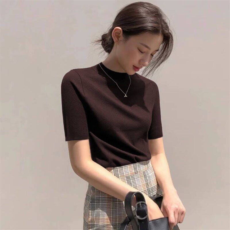 冰丝针织衫女早秋新款洋气半高领短袖t恤女修身薄款黑色打底上衣