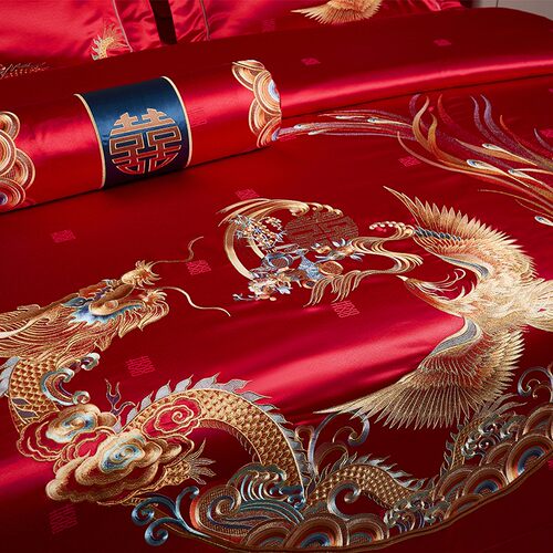 新中式重工刺绣婚庆陪嫁全棉B四件套奢华结婚喜被床上用品