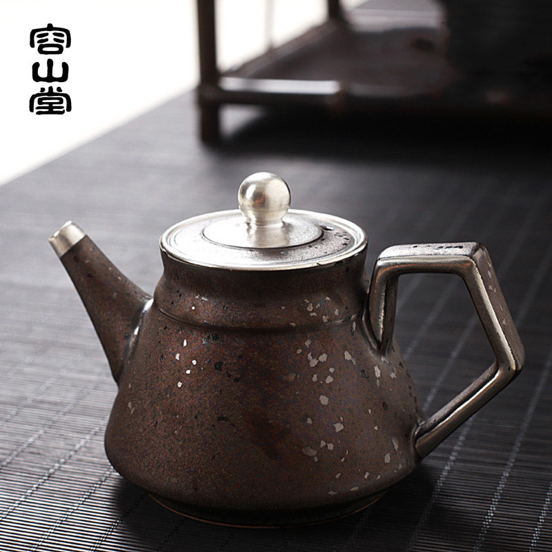 容山堂固a德鎏银质小茶壶 陶瓷窑变天目日式普洱茶具四方紫砂壶款