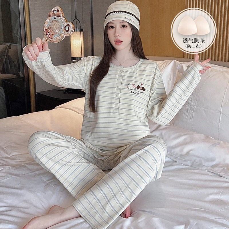 条纹崽吸汗纯棉月子服夏薄款哺乳睡衣产后喂奶孕妇家居服春秋套装