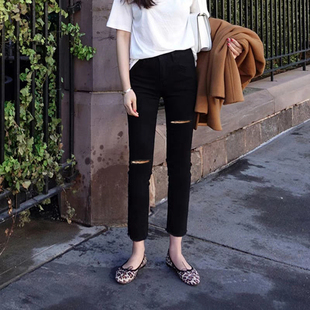 破洞牛仔裤女春款2021新款高腰显瘦黑色宽松直筒九分烟管裤子春秋