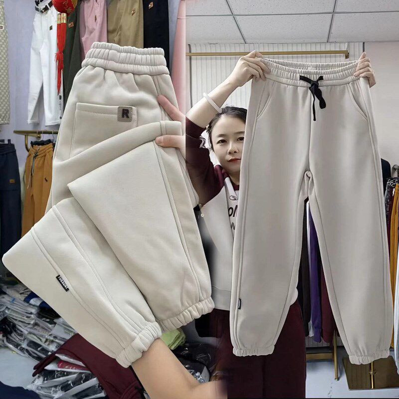 小个子加绒加厚新款卫裤女宽松显瘦保暖哈伦裤纯棉百搭束脚八分裤